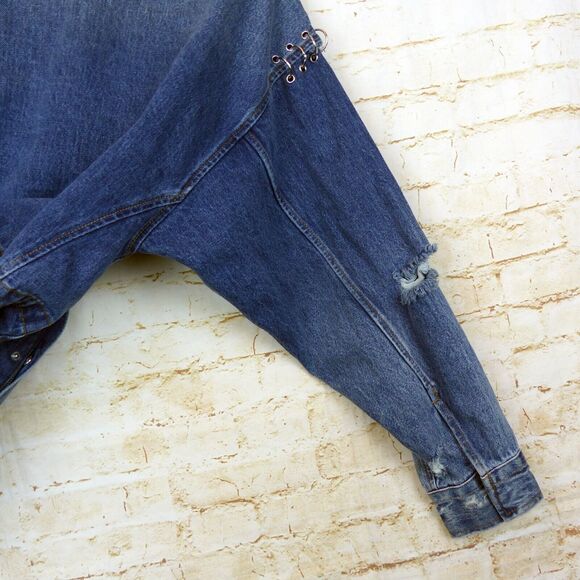 Zara Man 1975 Denim Field Jacket Men L Blue Utility Distress Embellished Grunge - Picture 11 of 14